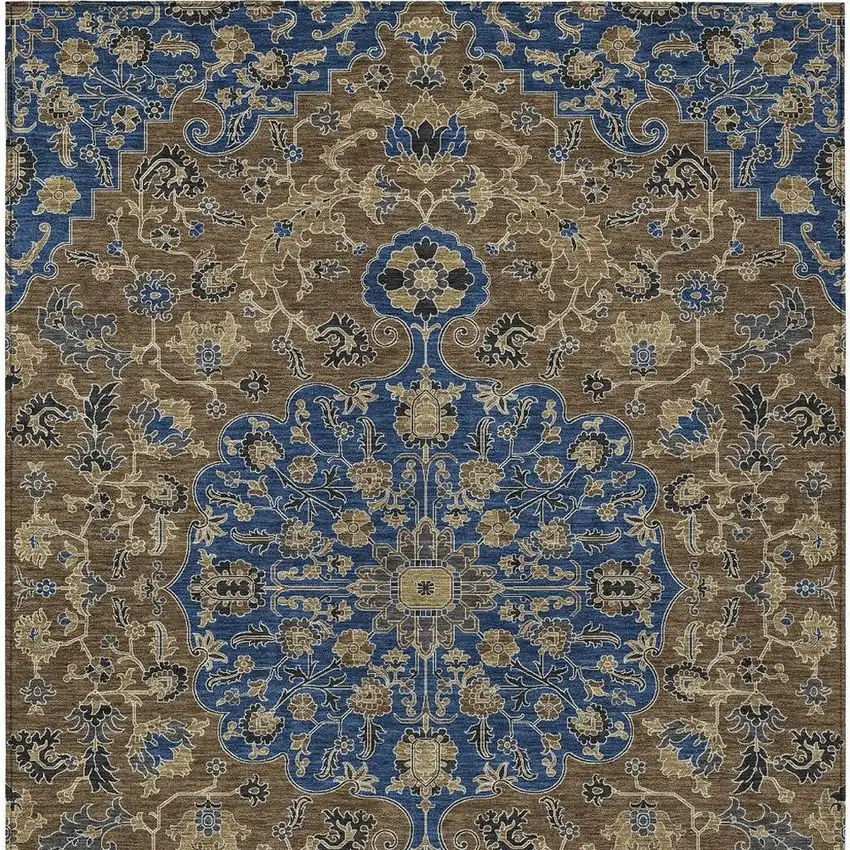 Navy Blue And Brown Floral Medallion Washable Indoor Outdoor Area Rug Photo 3