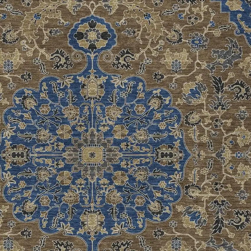 Navy Blue And Brown Floral Medallion Washable Indoor Outdoor Area Rug Photo 2