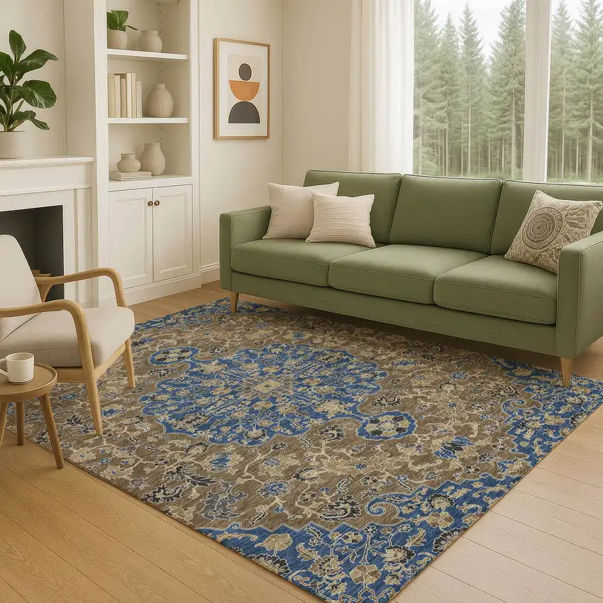 Navy Blue And Brown Floral Medallion Washable Indoor Outdoor Area Rug Photo 5