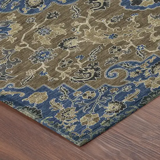 Navy Blue And Brown Floral Medallion Washable Indoor Outdoor Area Rug Photo 8