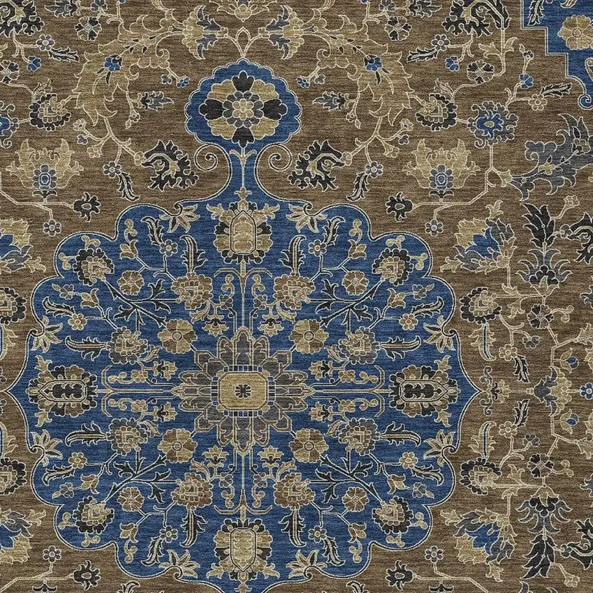 Navy Blue And Brown Floral Medallion Washable Indoor Outdoor Area Rug Photo 2