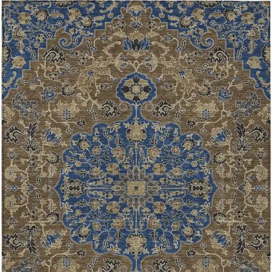 Navy Blue And Brown Floral Medallion Washable Indoor Outdoor Area Rug Photo 3