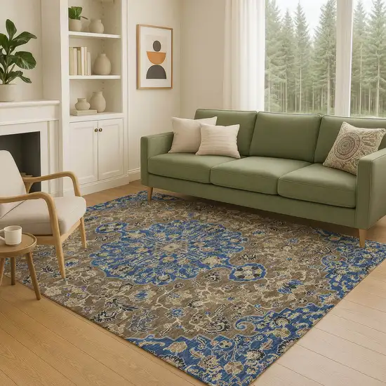 Navy Blue And Brown Floral Medallion Washable Indoor Outdoor Area Rug Photo 5