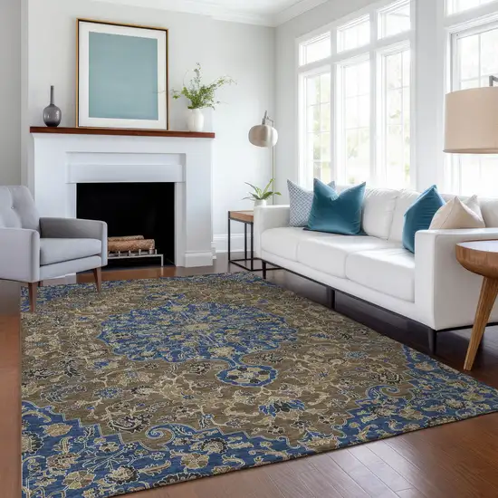 Navy Blue And Brown Floral Medallion Washable Indoor Outdoor Area Rug Photo 6