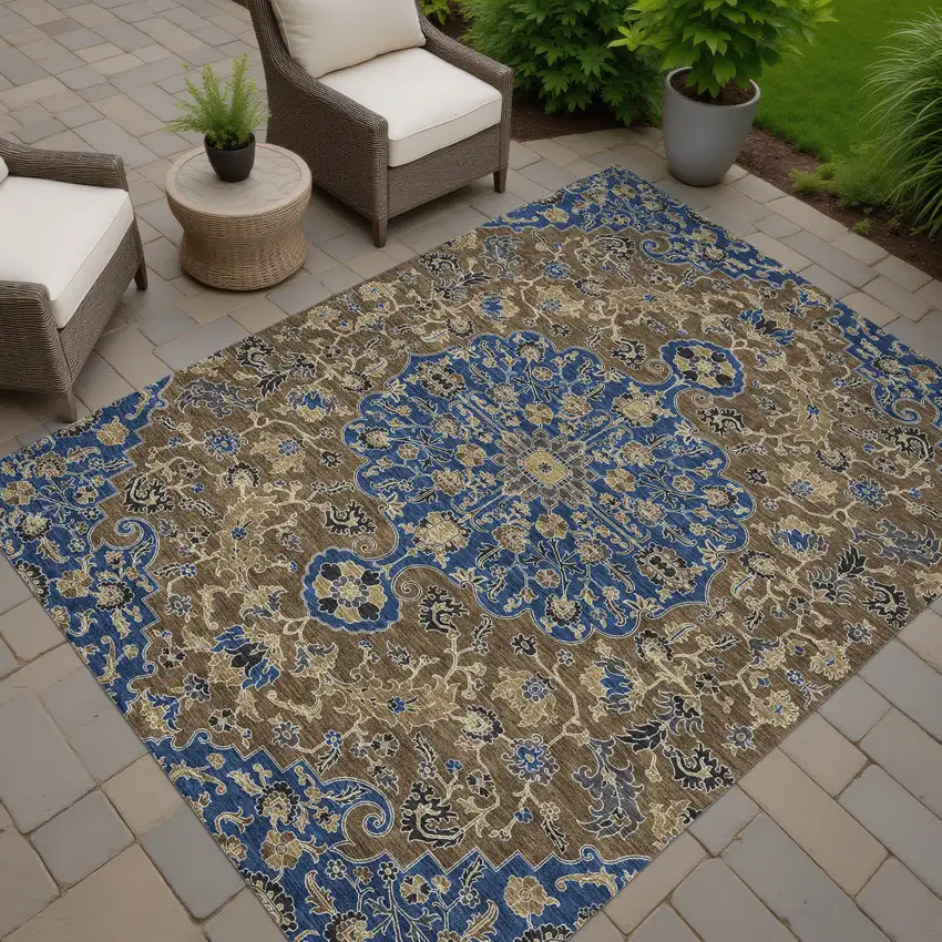 Navy Blue And Brown Floral Medallion Washable Indoor Outdoor Area Rug Photo 7