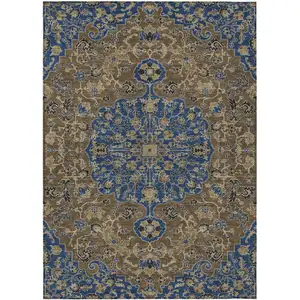 Photo of Navy Blue And Brown Floral Medallion Washable Indoor Outdoor Area Rug