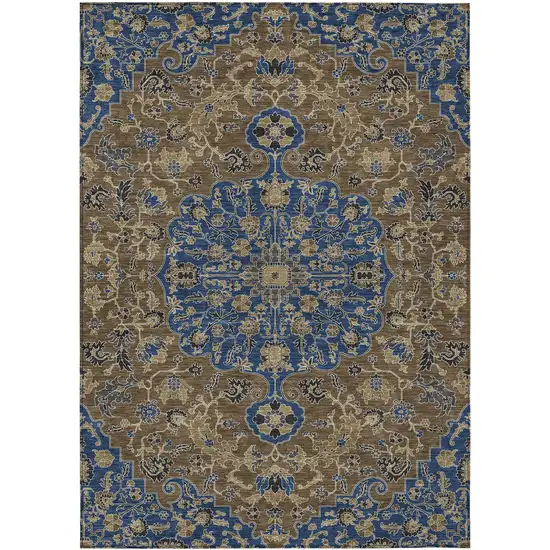 Navy Blue And Brown Floral Medallion Washable Indoor Outdoor Area Rug Photo 1