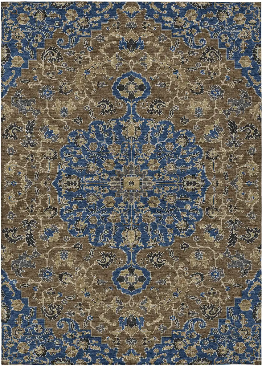 Navy Blue And Brown Floral Medallion Washable Indoor Outdoor Area Rug Photo 1