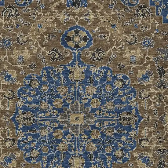 Navy Blue And Brown Floral Medallion Washable Indoor Outdoor Area Rug Photo 2