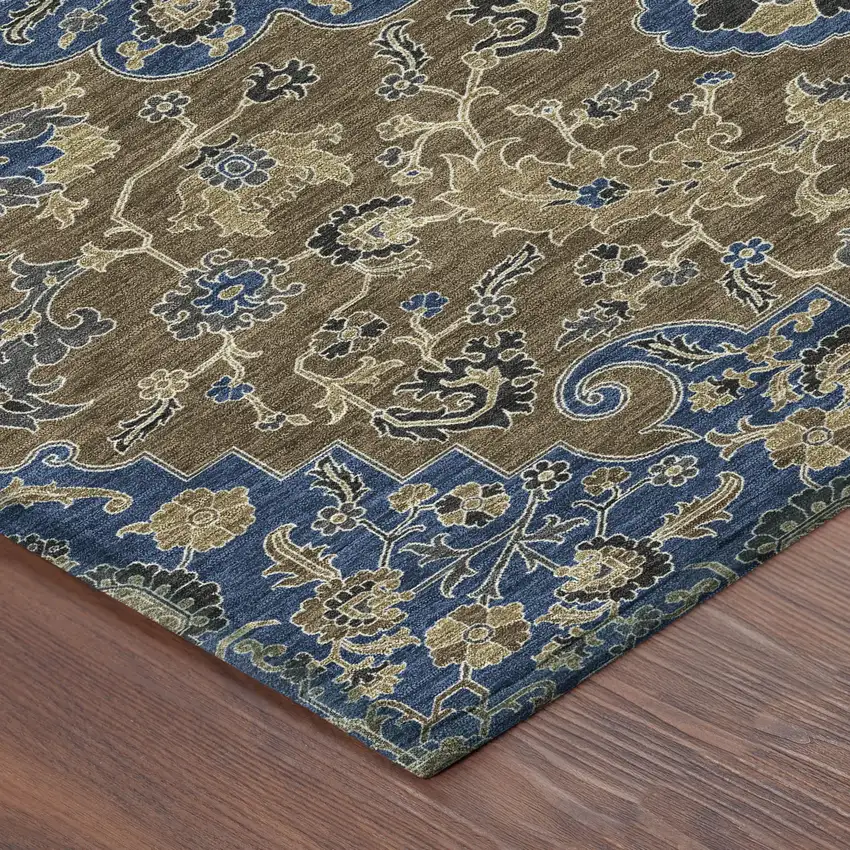 Navy Blue And Brown Floral Medallion Washable Indoor Outdoor Area Rug Photo 8