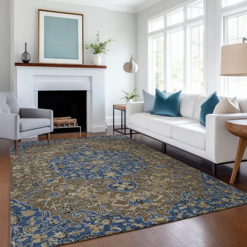 Navy Blue And Brown Floral Medallion Washable Indoor Outdoor Area Rug Photo 6