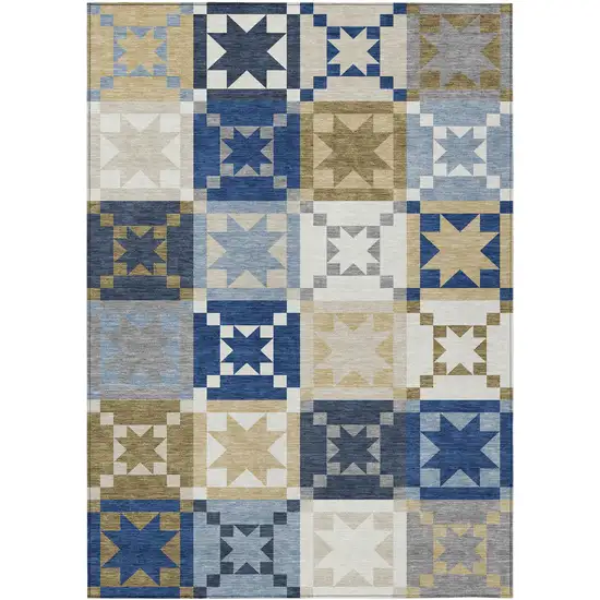 Navy Blue And Brown Patchwork Washable Indoor Outdoor Area Rug Photo 8