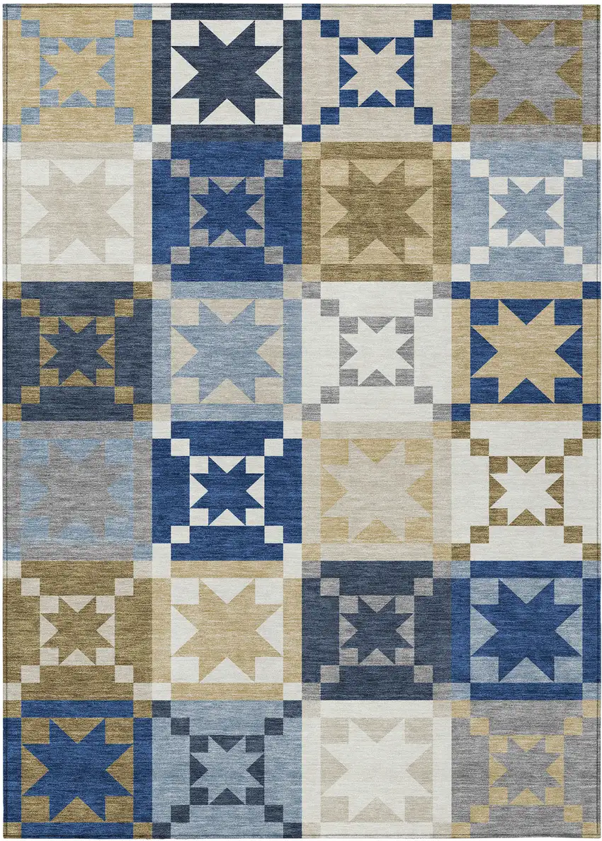Navy Blue And Brown Patchwork Washable Indoor Outdoor Area Rug Photo 8