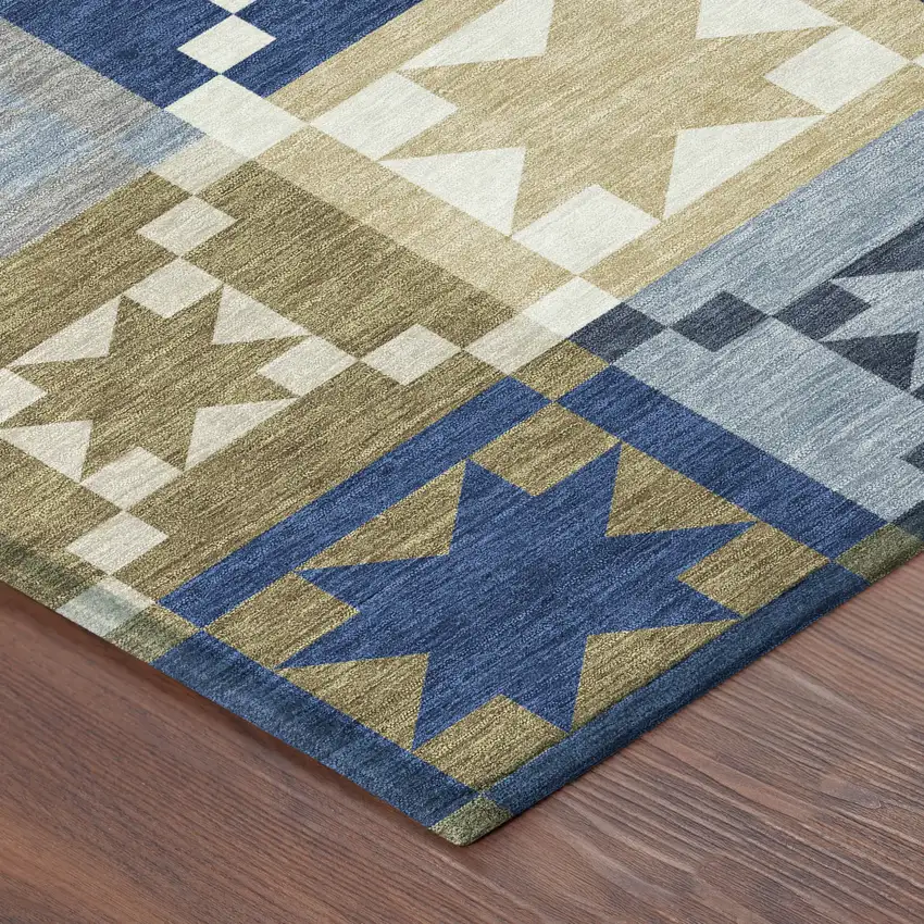 Navy Blue And Brown Patchwork Washable Indoor Outdoor Area Rug Photo 3