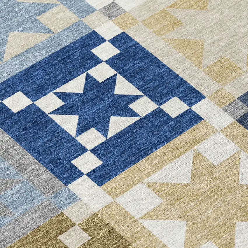 Navy Blue And Brown Patchwork Washable Indoor Outdoor Area Rug Photo 9