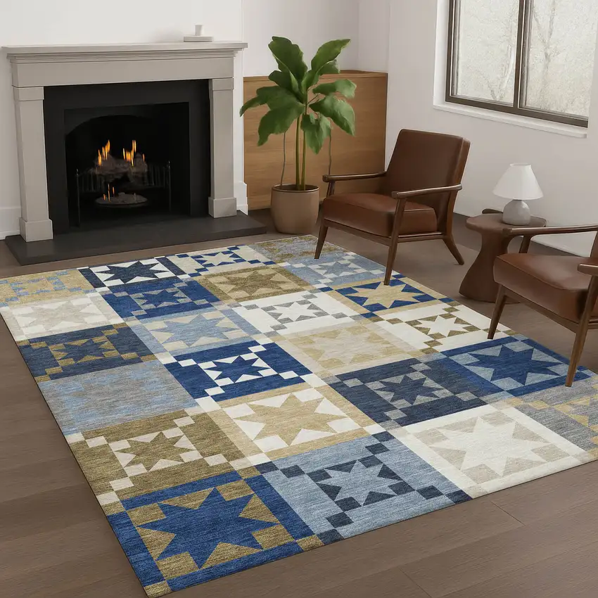 Navy Blue And Brown Patchwork Washable Indoor Outdoor Area Rug Photo 6