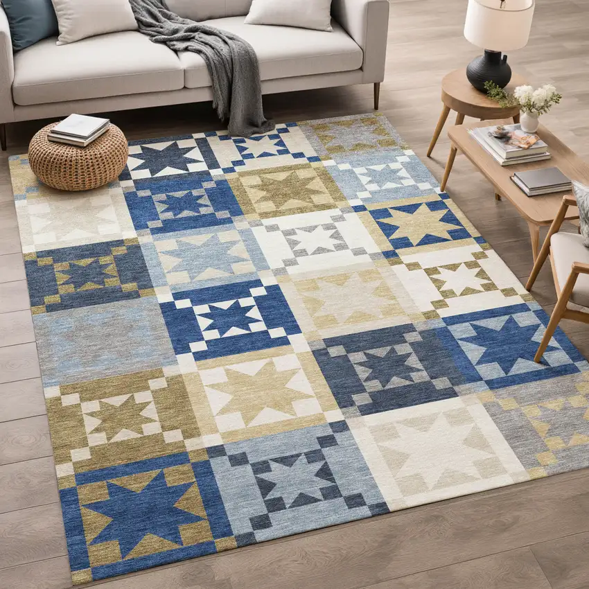 Navy Blue And Brown Patchwork Washable Indoor Outdoor Area Rug Photo 5