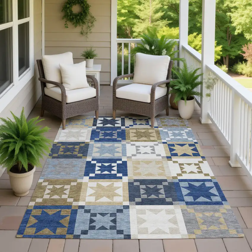 Navy Blue And Brown Patchwork Washable Indoor Outdoor Area Rug Photo 7