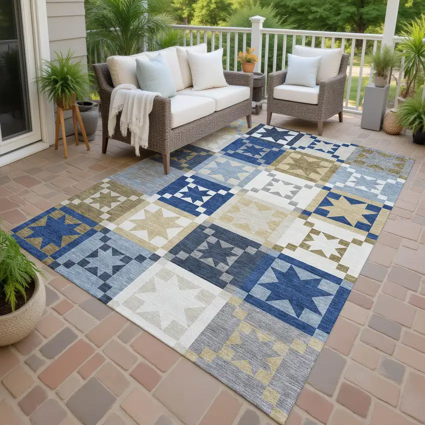 Navy Blue And Brown Patchwork Washable Indoor Outdoor Area Rug Photo 4