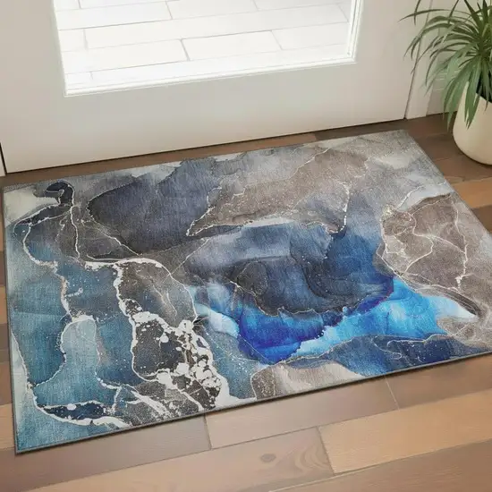 Navy Blue And Charcoal Abstract Washable Area Rug With UV Protection Photo 1