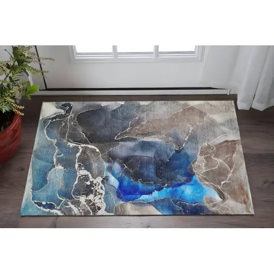 Navy Blue And Charcoal Abstract Washable Area Rug With UV Protection Photo 2
