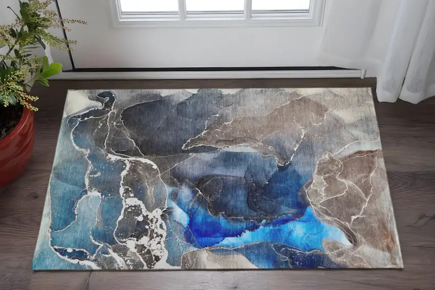 Navy Blue And Charcoal Abstract Washable Area Rug With UV Protection Photo 2