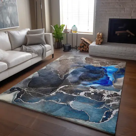 Navy Blue And Charcoal Abstract Washable Area Rug With UV Protection Photo 7