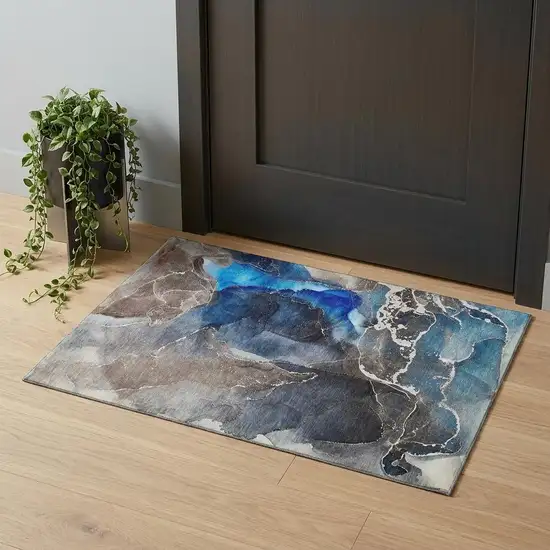 Navy Blue And Charcoal Abstract Washable Area Rug With UV Protection Photo 1