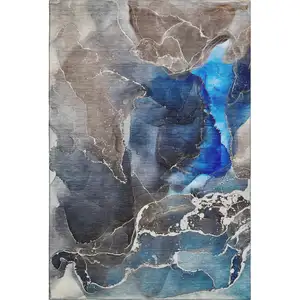 Photo of Navy Blue And Charcoal Abstract Washable Area Rug With UV Protection