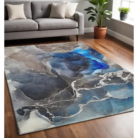 Navy Blue And Charcoal Abstract Washable Area Rug With UV Protection Photo 2