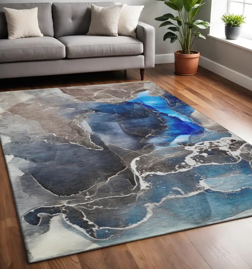 Navy Blue And Charcoal Abstract Washable Area Rug With UV Protection Photo 2
