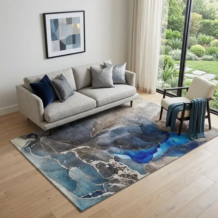 Navy Blue And Charcoal Abstract Washable Area Rug With UV Protection Photo 1