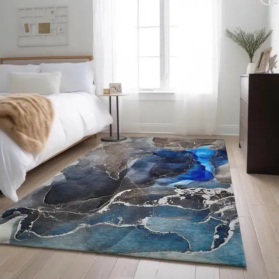 Navy Blue And Charcoal Abstract Washable Area Rug With UV Protection Photo 6