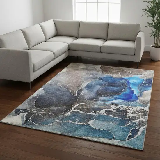 Navy Blue And Charcoal Abstract Washable Area Rug With UV Protection Photo 1