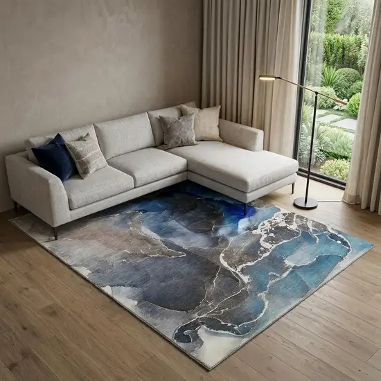 Navy Blue And Charcoal Abstract Washable Area Rug With UV Protection Photo 1
