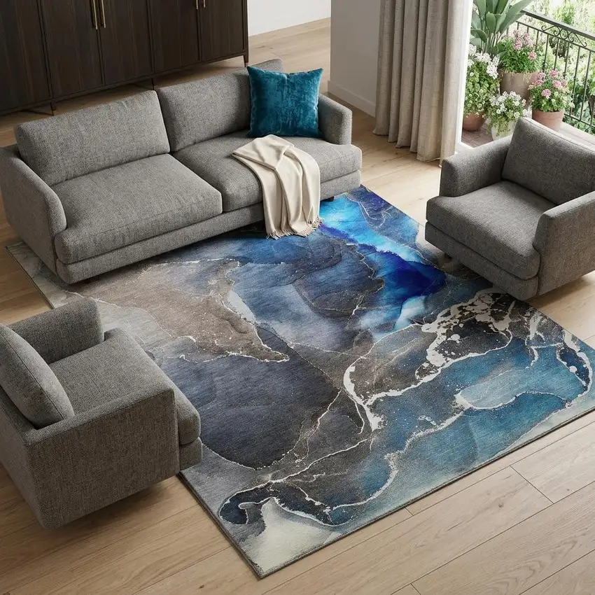 Navy Blue And Charcoal Abstract Washable Area Rug With UV Protection Photo 1