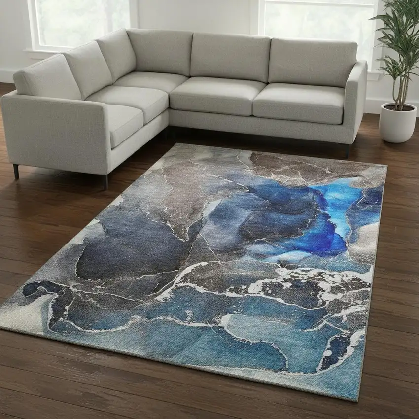 Navy Blue And Charcoal Abstract Washable Area Rug With UV Protection Photo 1