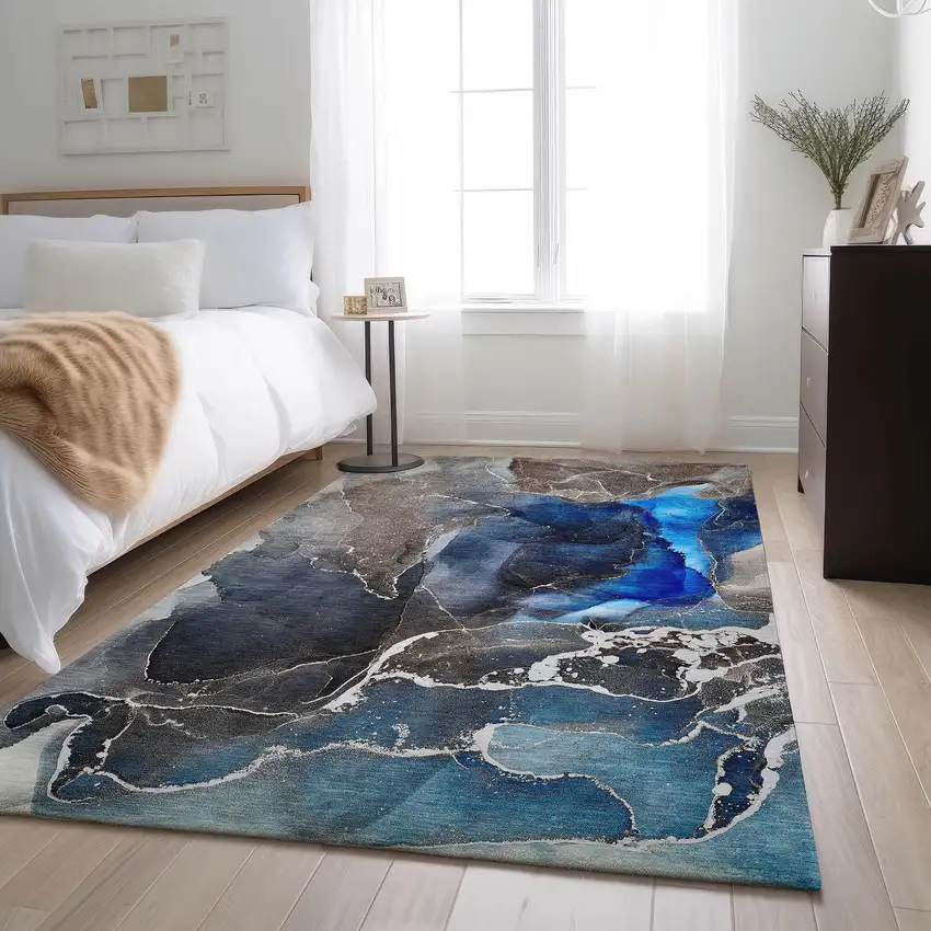 Navy Blue And Charcoal Abstract Washable Area Rug With UV Protection Photo 5