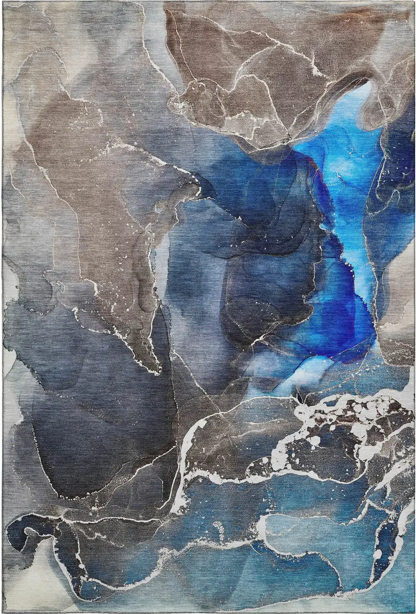 Navy Blue And Charcoal Abstract Washable Area Rug With UV Protection Photo 1