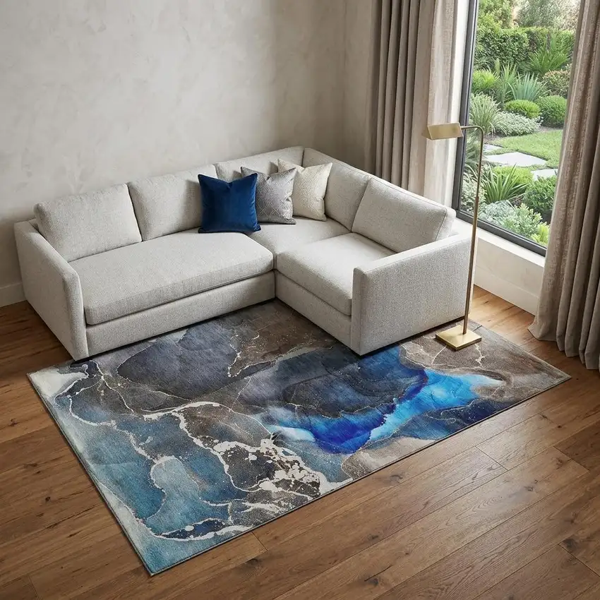 Navy Blue And Charcoal Abstract Washable Area Rug With UV Protection Photo 1