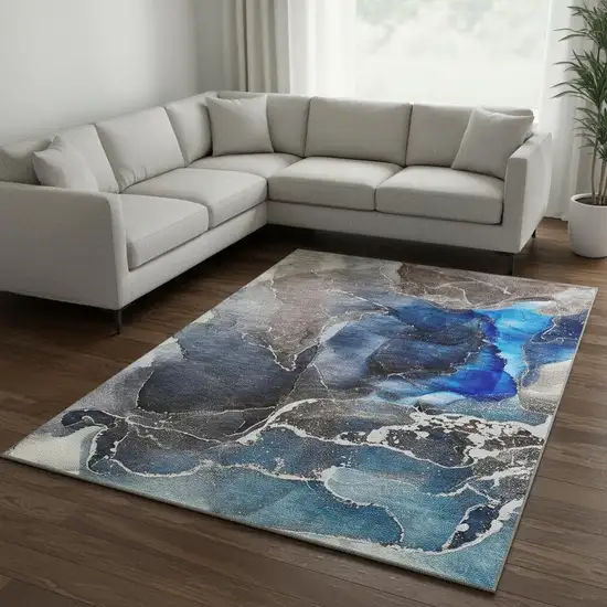 Navy Blue And Charcoal Abstract Washable Area Rug With UV Protection Photo 1