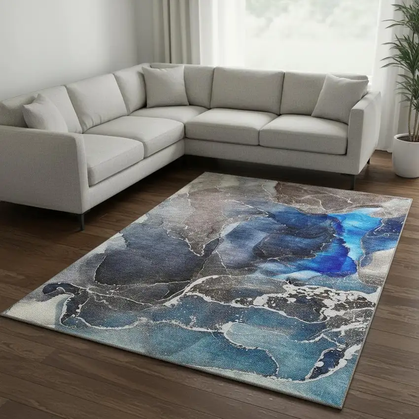 Navy Blue And Charcoal Abstract Washable Area Rug With UV Protection Photo 1