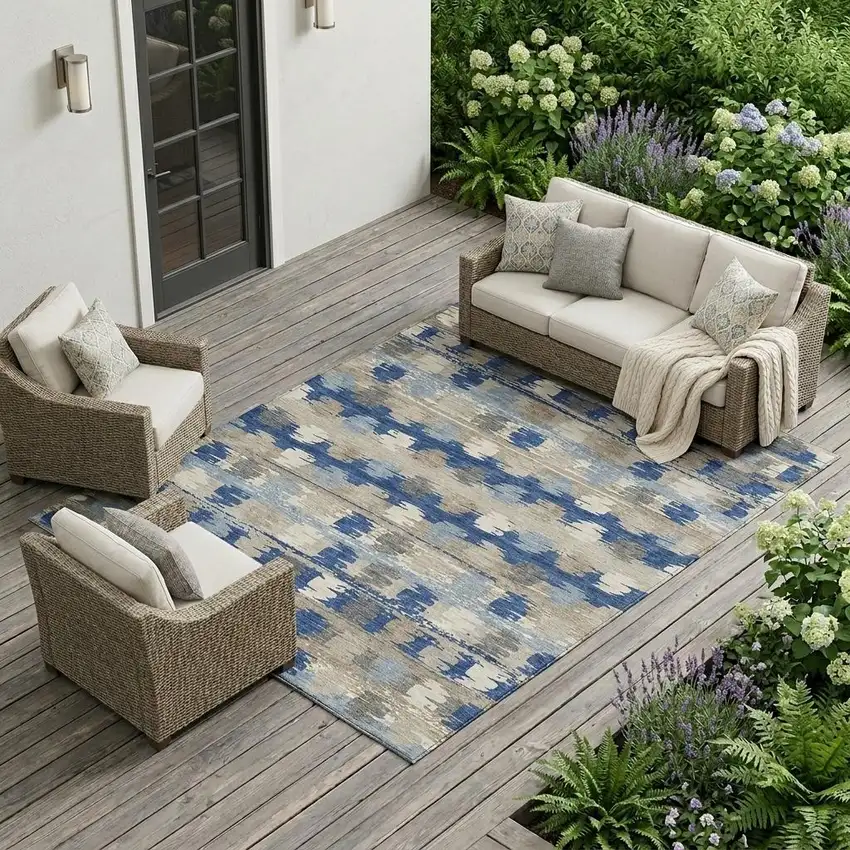 Navy Blue And Charcoal Abstract Washable Indoor Outdoor Area Rug Photo 1