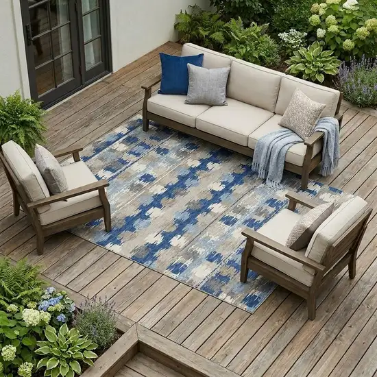 Navy Blue And Charcoal Abstract Washable Indoor Outdoor Area Rug Photo 1