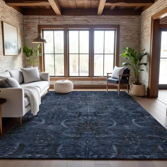Navy Blue And Charcoal Damask Washable Area Rug With UV Protection Photo 4