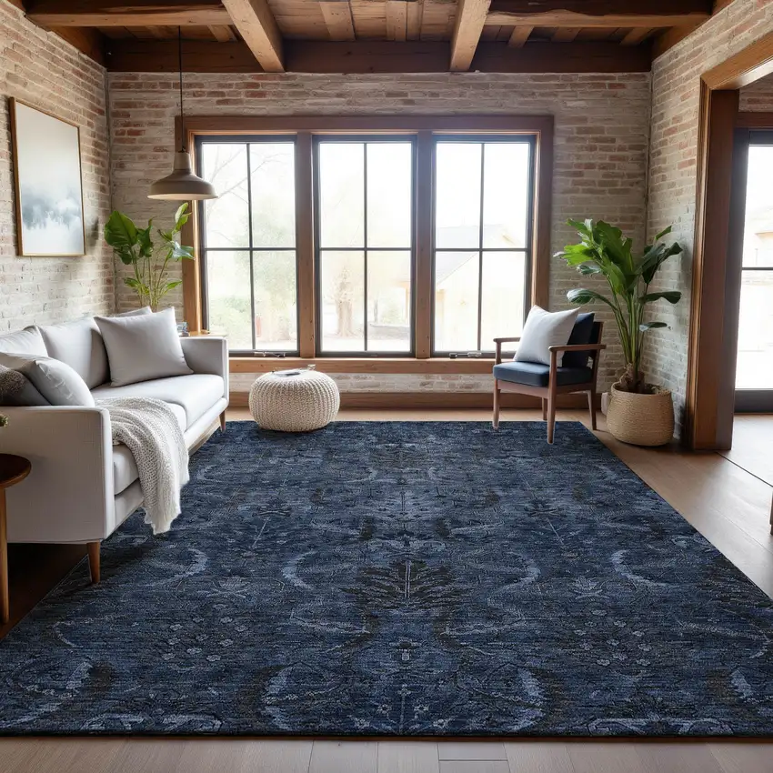 Navy Blue And Charcoal Damask Washable Area Rug With UV Protection Photo 4