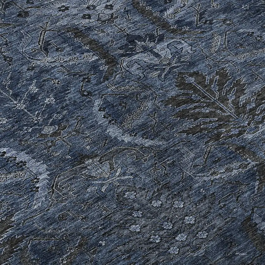 Navy Blue And Charcoal Damask Washable Area Rug With UV Protection Photo 1