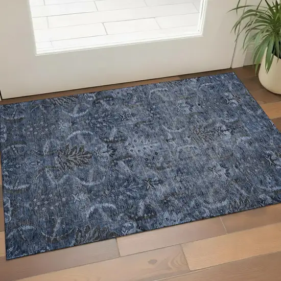 Navy Blue And Charcoal Damask Washable Area Rug With UV Protection Photo 1