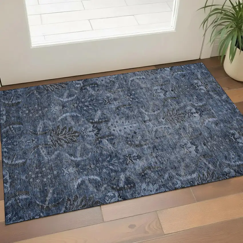 Navy Blue And Charcoal Damask Washable Area Rug With UV Protection Photo 1