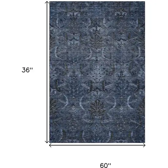 Navy Blue And Charcoal Damask Washable Area Rug With UV Protection Photo 6